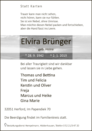 Traueranzeige von Elvira Brünger