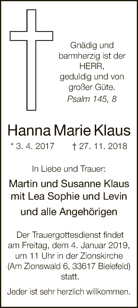  Traueranzeige für Hanna Marie Klaus vom 02.01.2019 aus Neue Westfälische