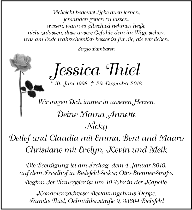  Traueranzeige für Jessica Thiel vom 02.01.2019 aus Neue Westfälische