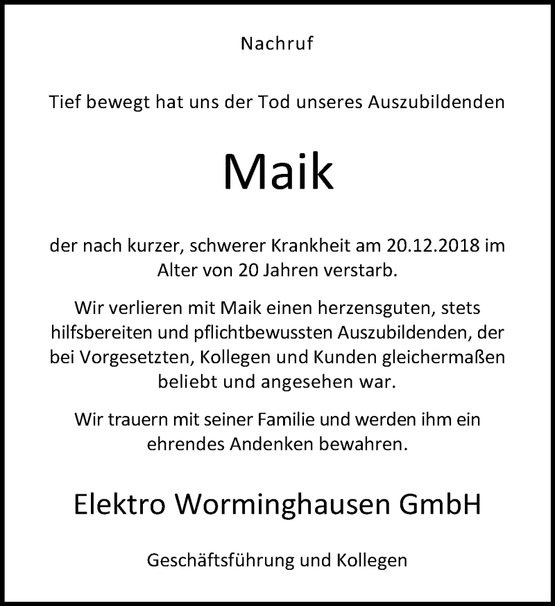  Traueranzeige für Maik Buchholz vom 12.01.2019 aus Neue Westfälische