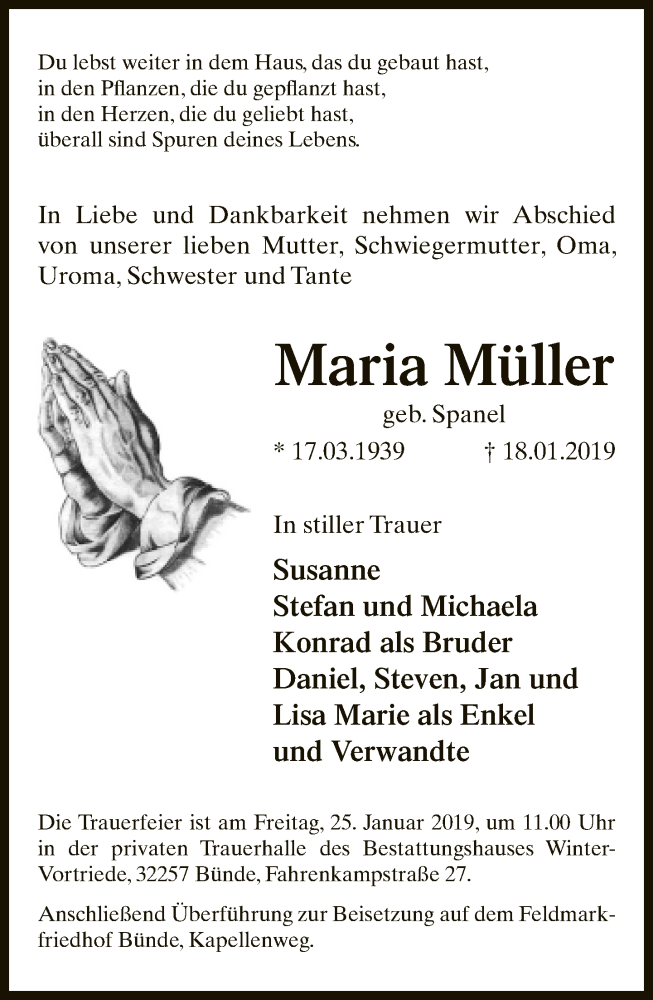  Traueranzeige für Maria Müller vom 23.01.2019 aus Neue Westfälische