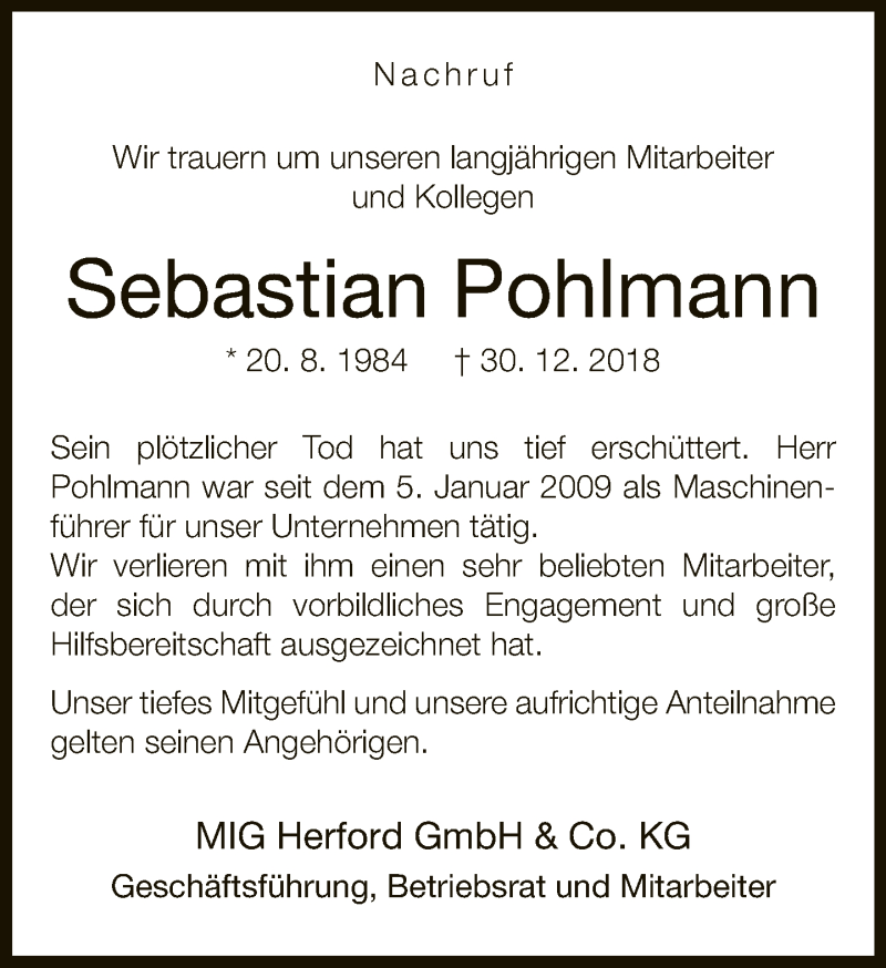  Traueranzeige für Sebastian Pohlmann vom 05.01.2019 aus Neue Westfälische