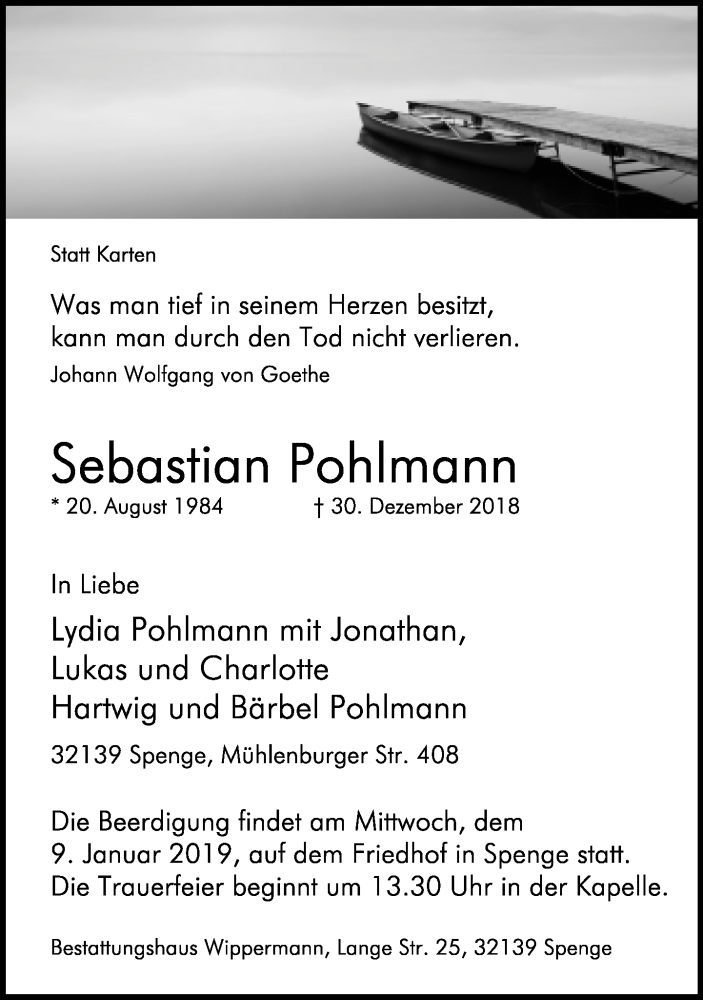  Traueranzeige für Sebastian Pohlmann vom 05.01.2019 aus Neue Westfälische