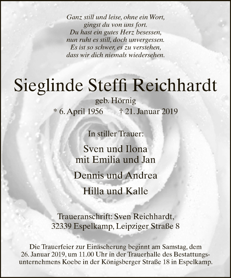  Traueranzeige für Sieglinde Steffi Reichhardt vom 24.01.2019 aus Neue Westfälische