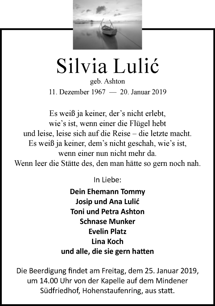  Traueranzeige für Silvia Lulic vom 23.01.2019 aus Neue Westfälische