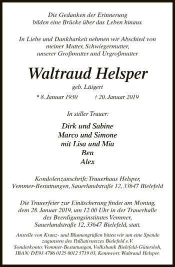 Traueranzeige von Waltraud Helsper