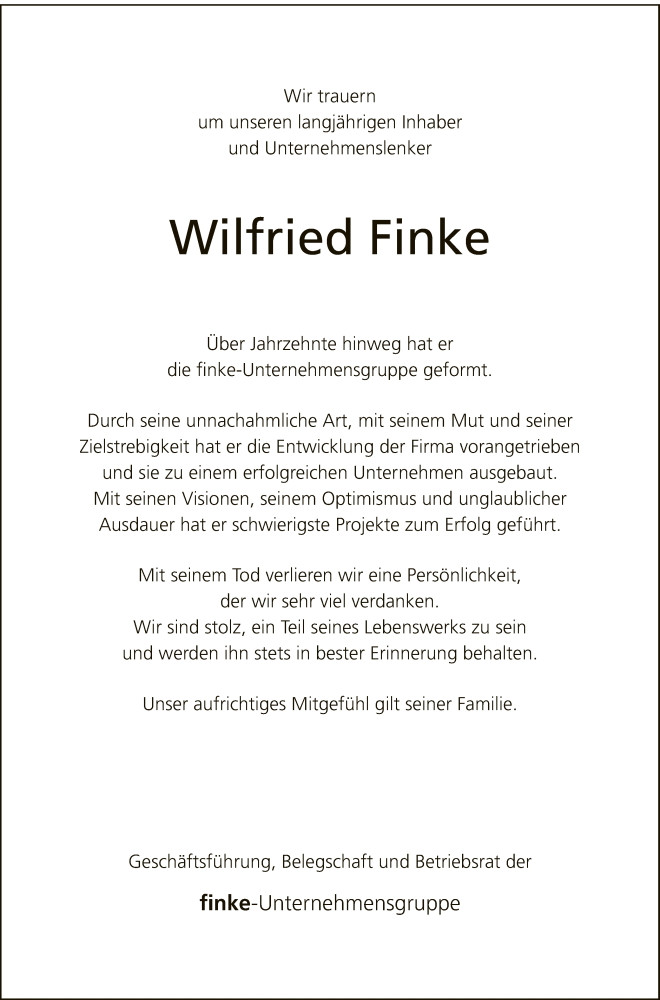  Traueranzeige für Wilfried Finke vom 19.01.2019 aus Neue Westfälische