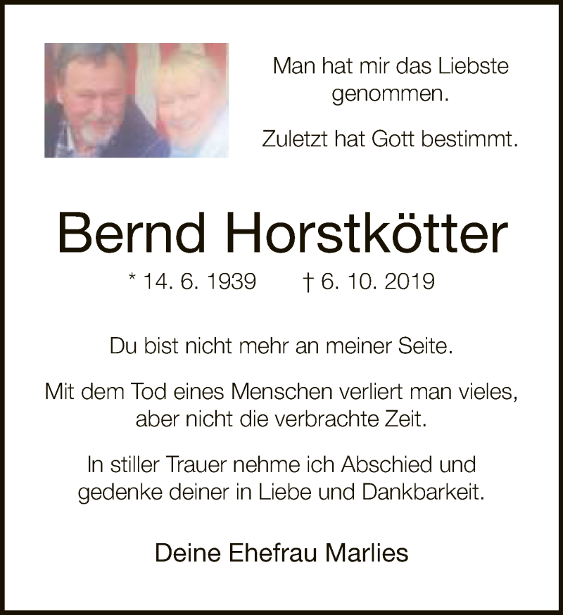  Traueranzeige für Bernd Horstkötter vom 09.10.2019 aus Neue Westfälische