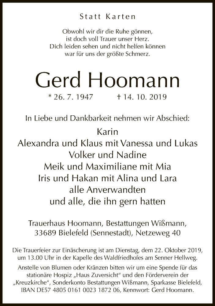  Traueranzeige für Gerd Hoomann vom 16.10.2019 aus Neue Westfälische
