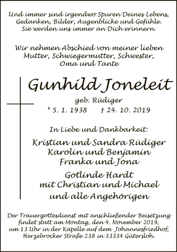 Traueranzeige von Gunhild Joneleit
