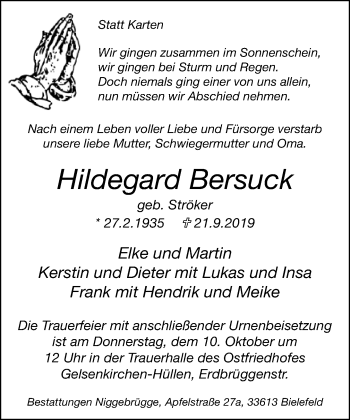 Traueranzeige von Hildegard Bersuck