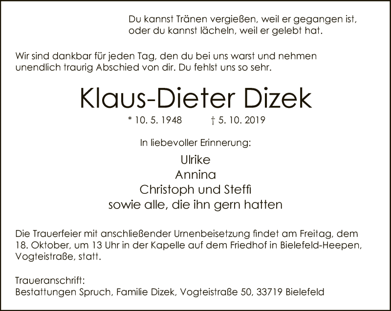  Traueranzeige für Klaus-Dieter Dizek vom 12.10.2019 aus Neue Westfälische