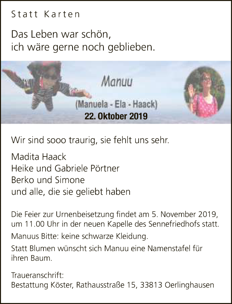  Traueranzeige für Manuela Haack vom 26.10.2019 aus Neue Westfälische