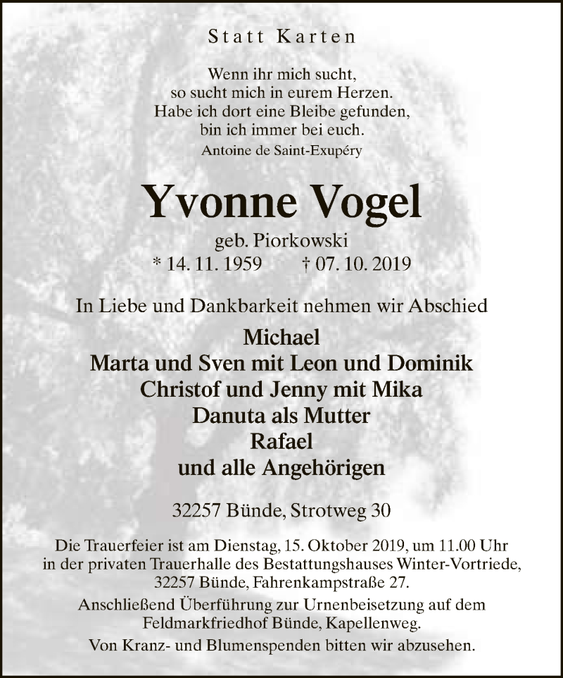  Traueranzeige für Yvonne Vogel vom 09.10.2019 aus Neue Westfälische