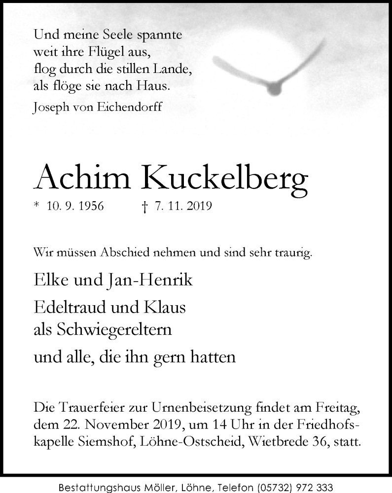 Traueranzeige für Achim Kuckelberg vom 16.11.2019 aus Neue Westfälische