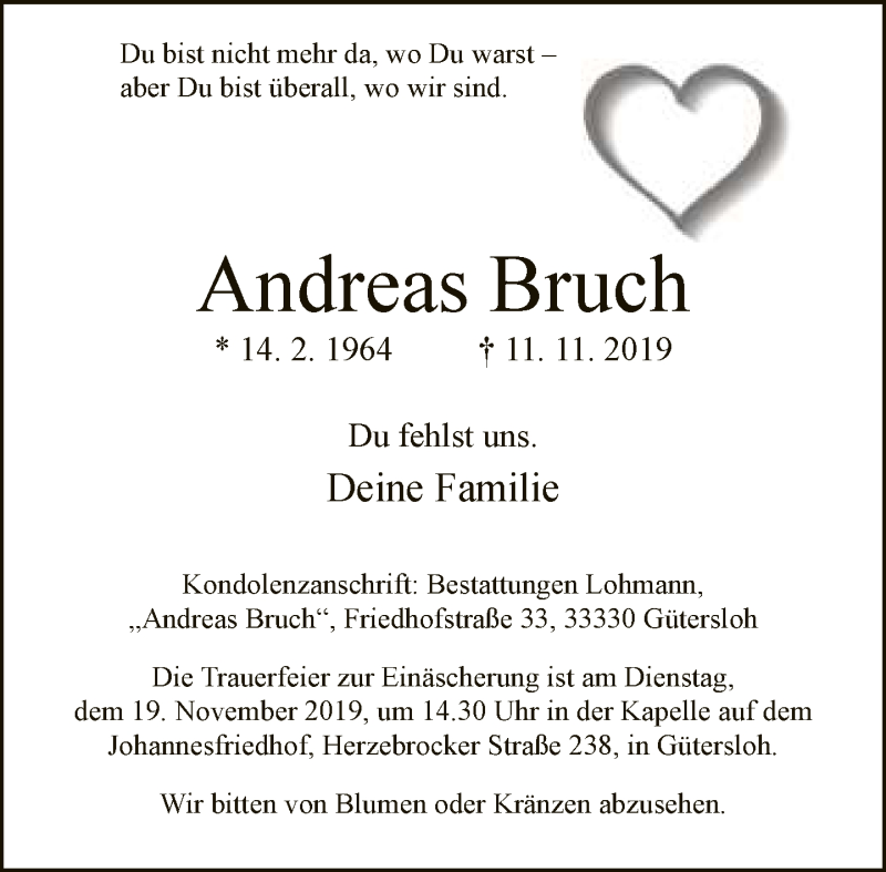  Traueranzeige für Andreas Bruch vom 16.11.2019 aus Neue Westfälische