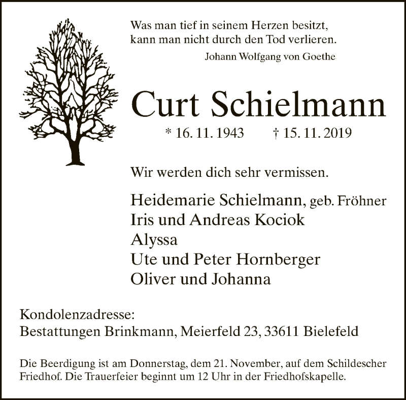  Traueranzeige für Curt Schielmann vom 19.11.2019 aus Neue Westfälische