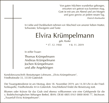 Traueranzeige von Elvira Krümpelmann
