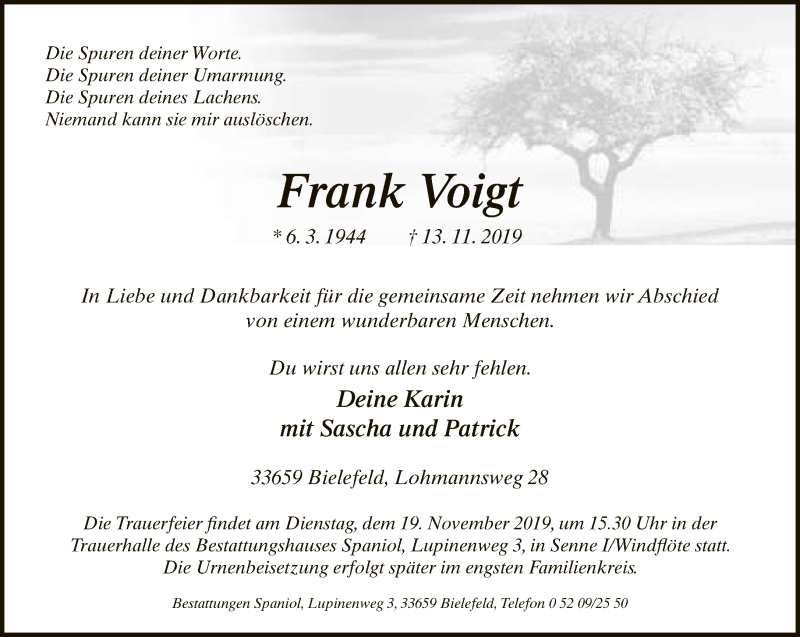  Traueranzeige für Frank Voigt vom 16.11.2019 aus Neue Westfälische