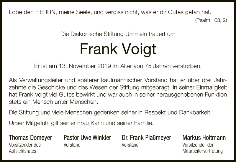  Traueranzeige für Frank Voigt vom 19.11.2019 aus Neue Westfälische