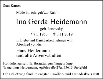 Traueranzeige von Ina Gerda Heidemann
