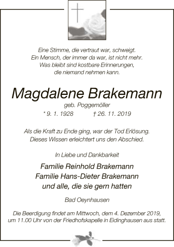 Traueranzeige von Magdalene Brakemann