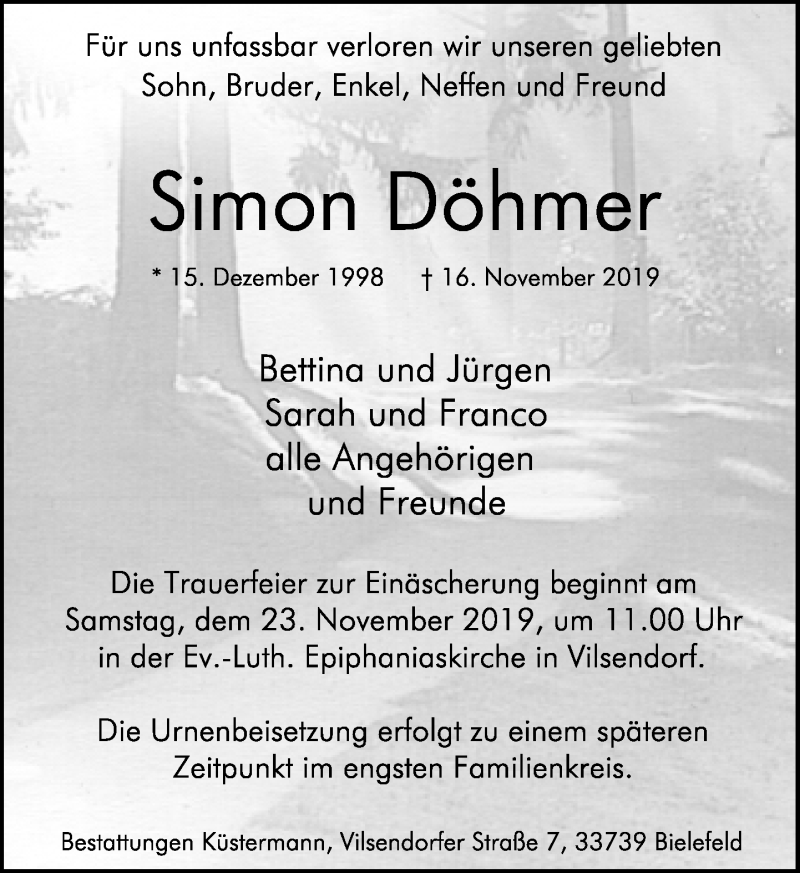  Traueranzeige für Simon Döhmer vom 21.11.2019 aus Neue Westfälische