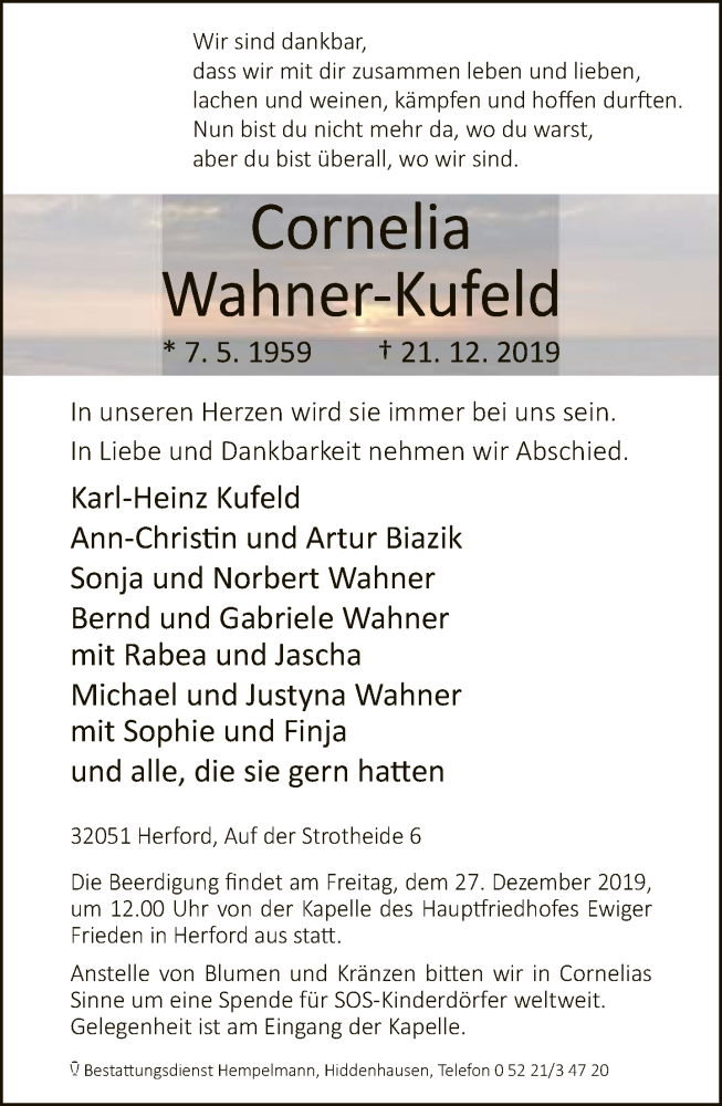  Traueranzeige für Cornelia Wahner-Kufeld vom 23.12.2019 aus Neue Westfälische