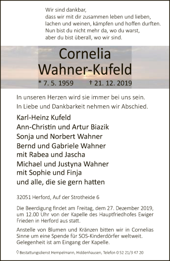 Traueranzeige von Cornelia Wahner-Kufeld