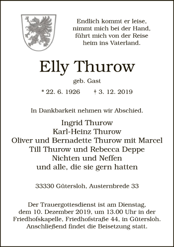 Traueranzeige von Elly Thurow