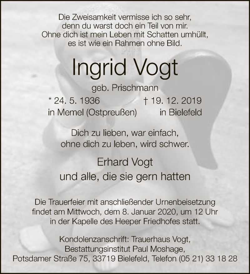  Traueranzeige für Ingrid Vogt vom 28.12.2019 aus Neue Westfälische
