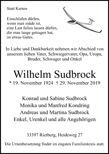 Traueranzeige von Wilhelm Sudbrock