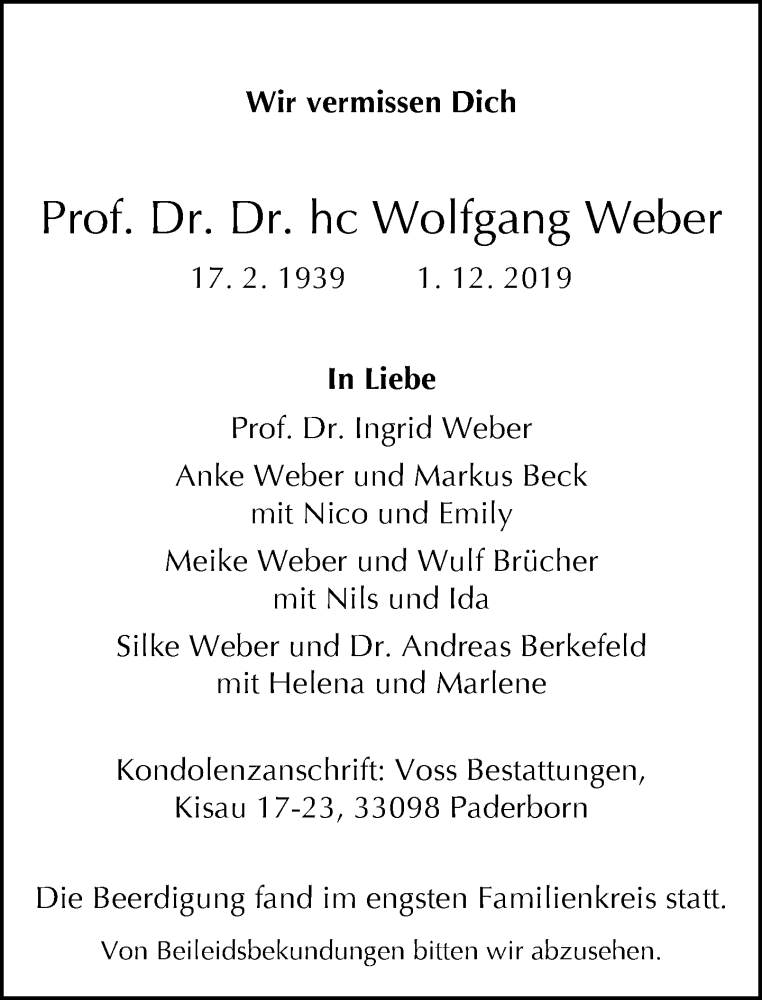  Traueranzeige für Wolfgang Weber vom 07.12.2019 aus Neue Westfälische