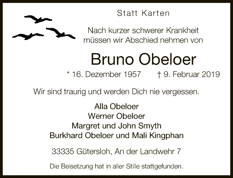  Traueranzeige für Bruno Obeloer vom 16.02.2019 aus Neue Westfälische