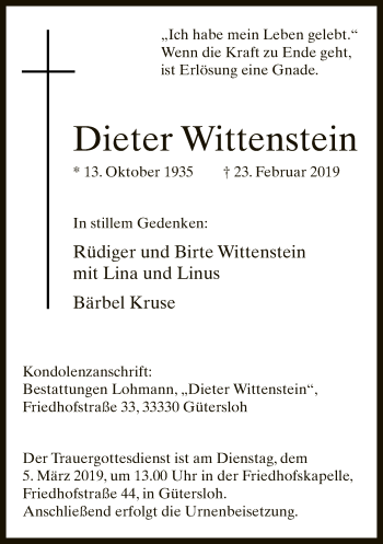 Traueranzeige von Dieter Wittenstein