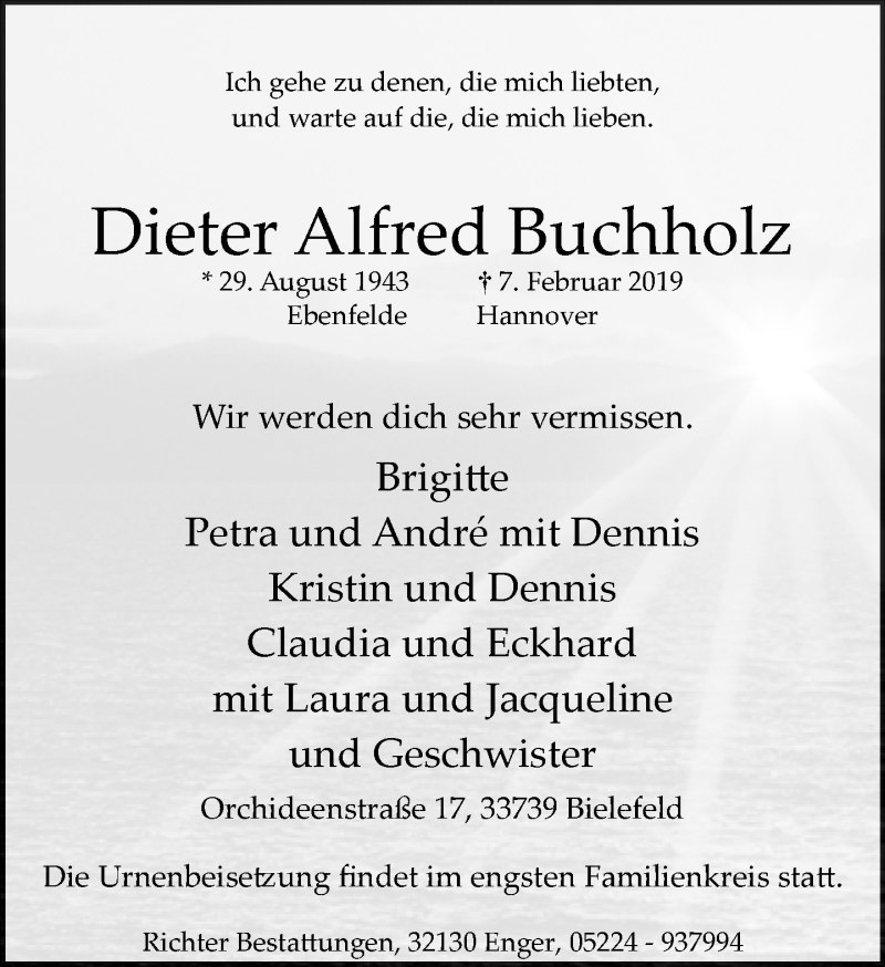  Traueranzeige für Dieter Alfred Buchholz vom 16.02.2019 aus Neue Westfälische