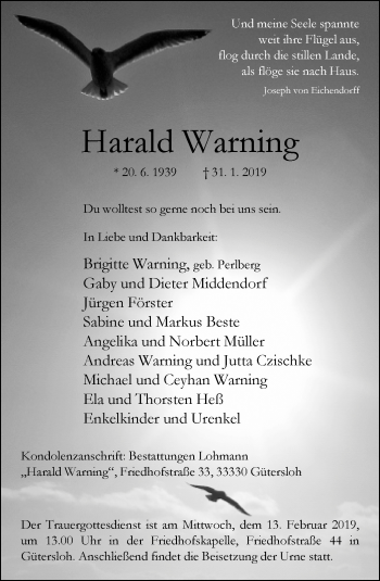 Traueranzeige von Harald Warning