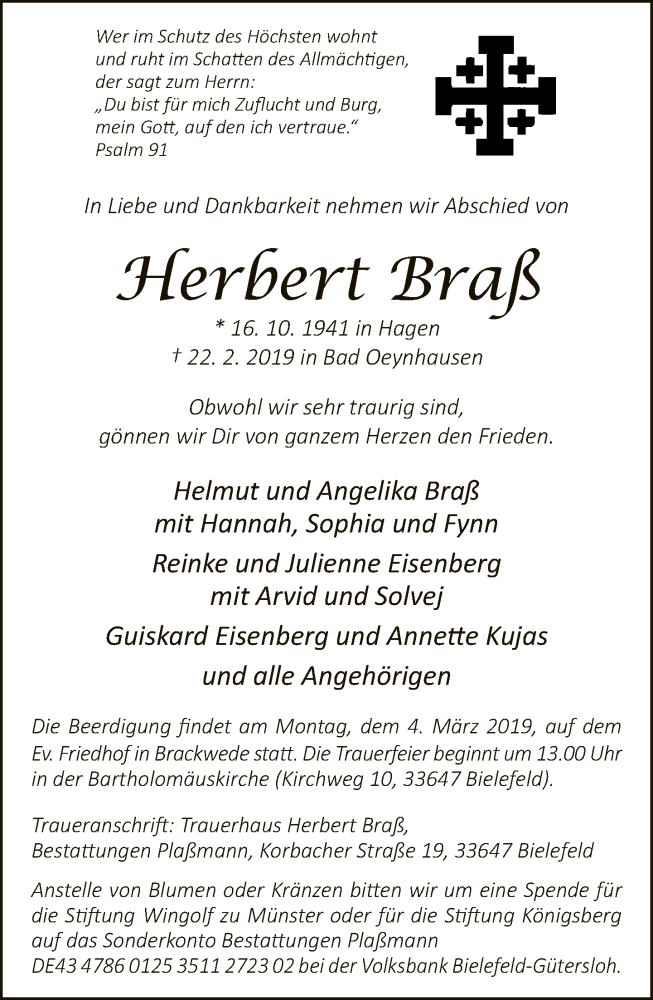  Traueranzeige für Herbert Braß vom 27.02.2019 aus Neue Westfälische