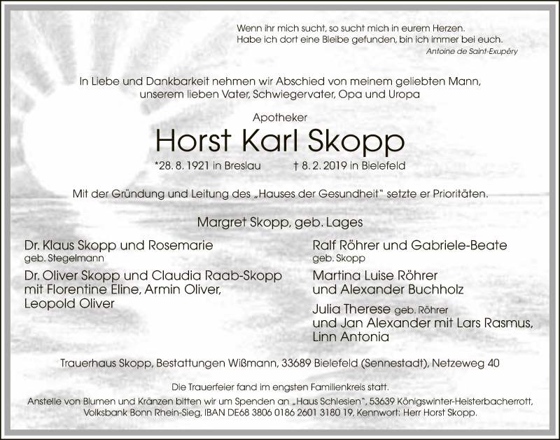  Traueranzeige für Horst Karl Skopp vom 26.02.2019 aus Neue Westfälische