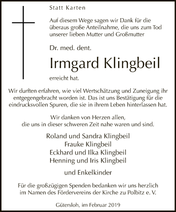 Traueranzeige von Irmgard Klingbeil