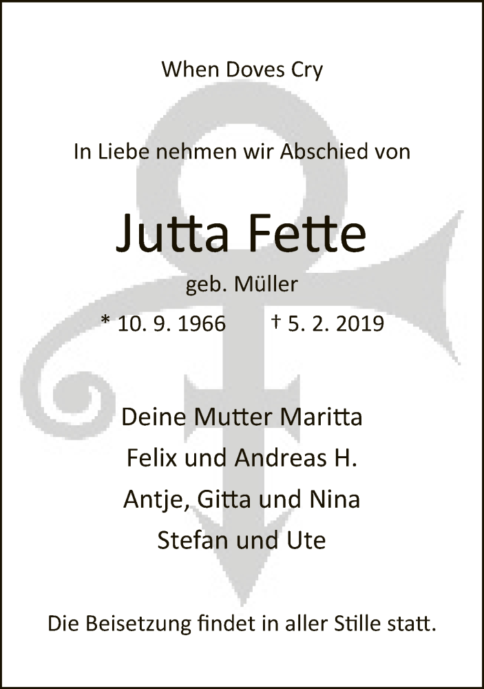  Traueranzeige für Jutta Fette vom 09.02.2019 aus Neue Westfälische
