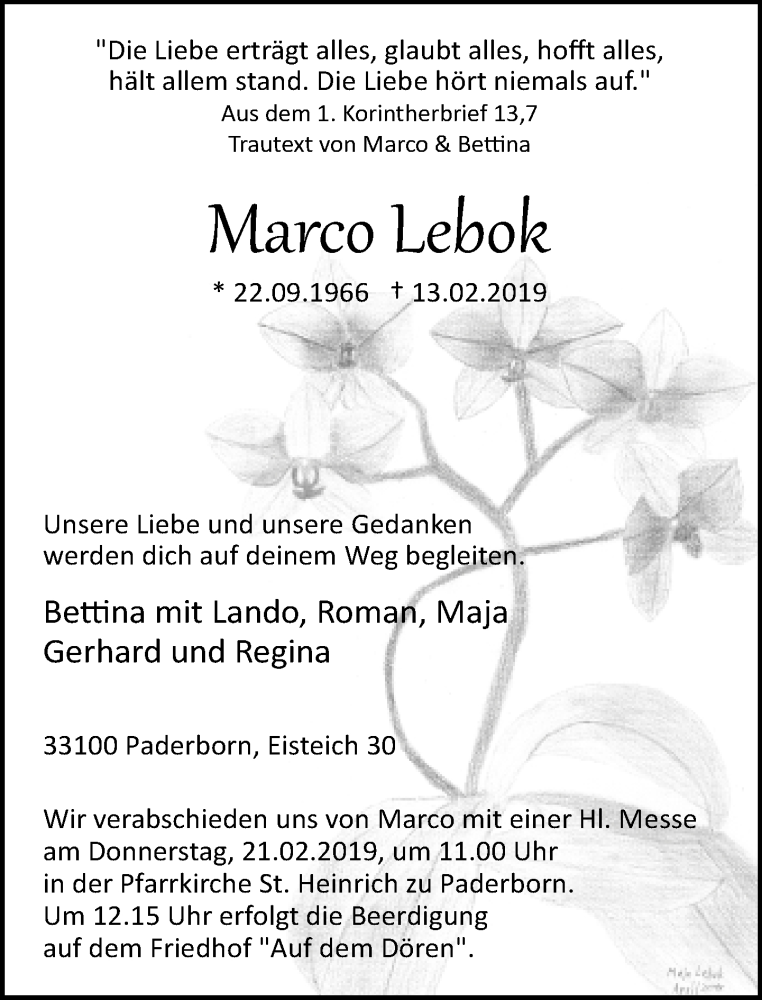  Traueranzeige für Marco Lebok vom 16.02.2019 aus Neue Westfälische