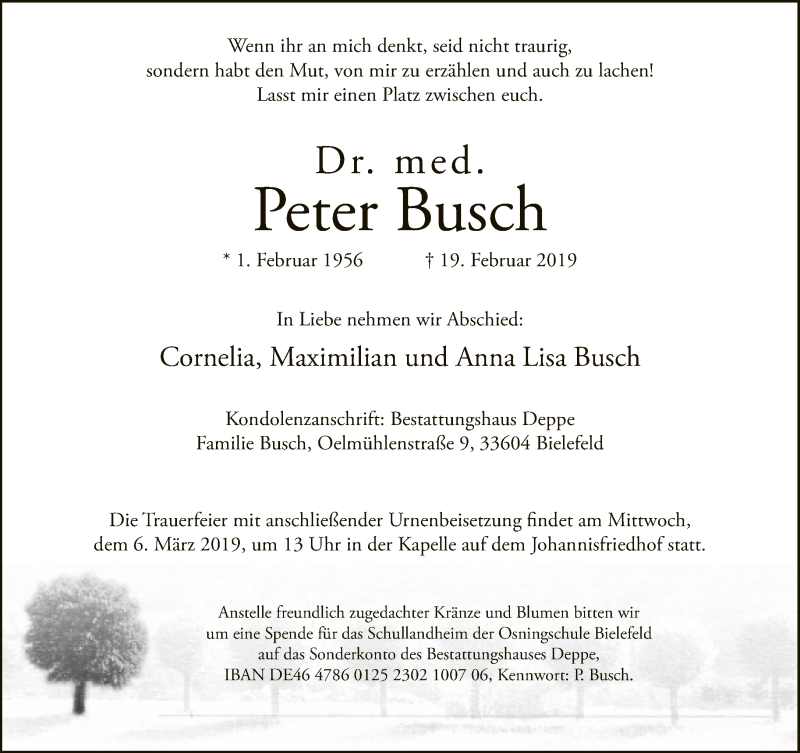  Traueranzeige für Peter Busch vom 23.02.2019 aus Neue Westfälische