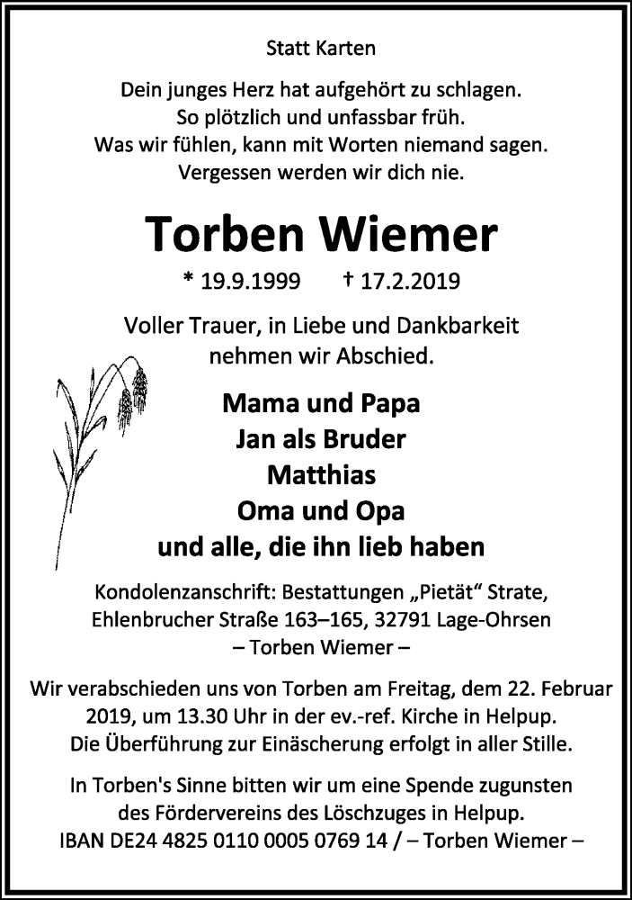  Traueranzeige für Torben Wiemer vom 20.02.2019 aus Neue Westfälische