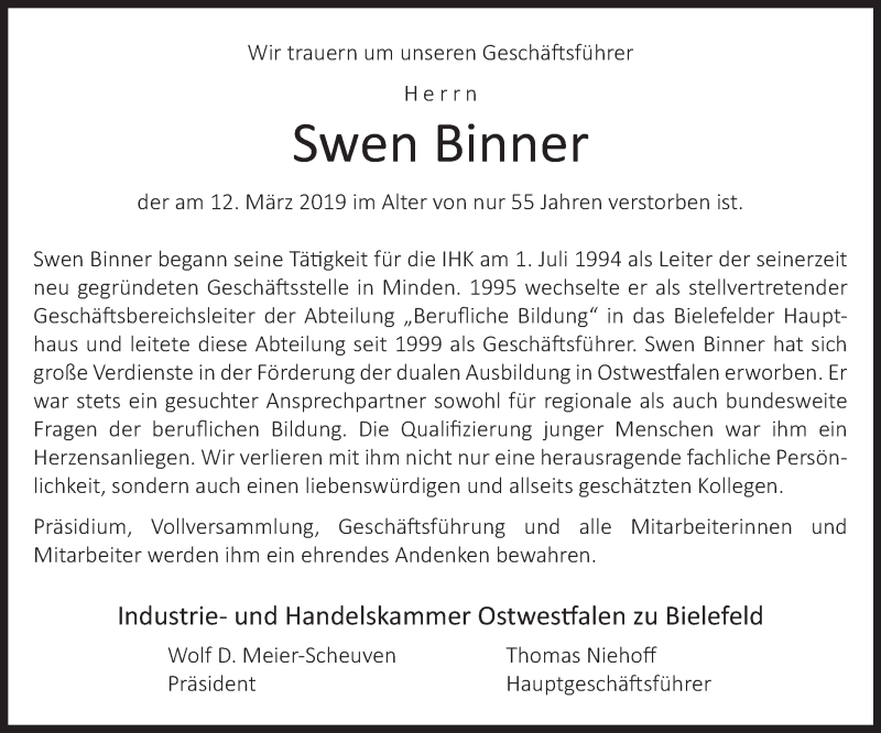  Traueranzeige für Swen Binner vom 15.03.2019 aus Neue Westfälische