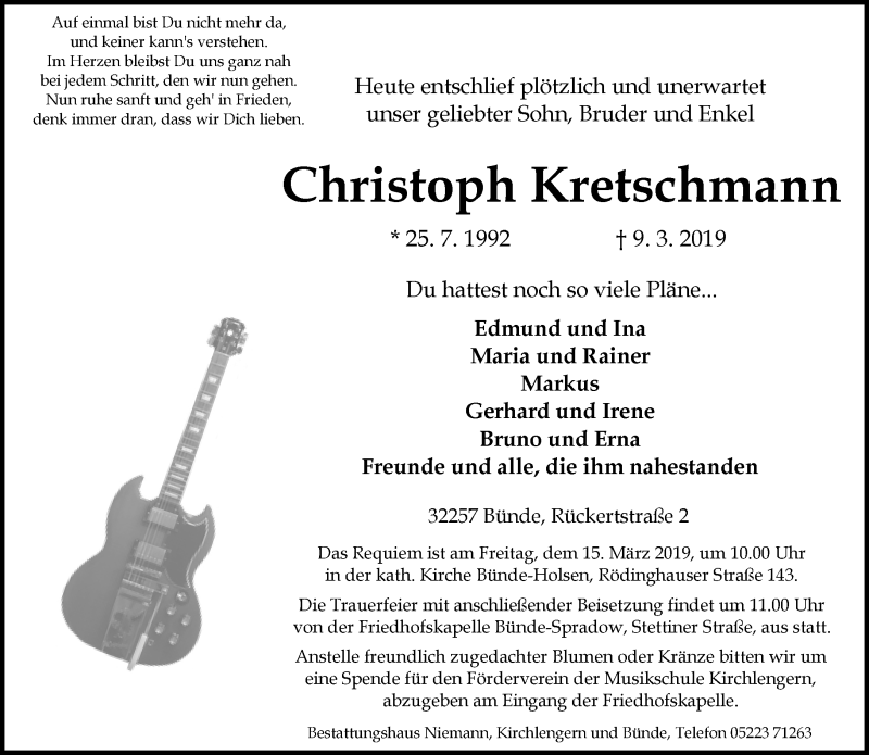  Traueranzeige für Christoph Kretschmann vom 13.03.2019 aus Neue Westfälische