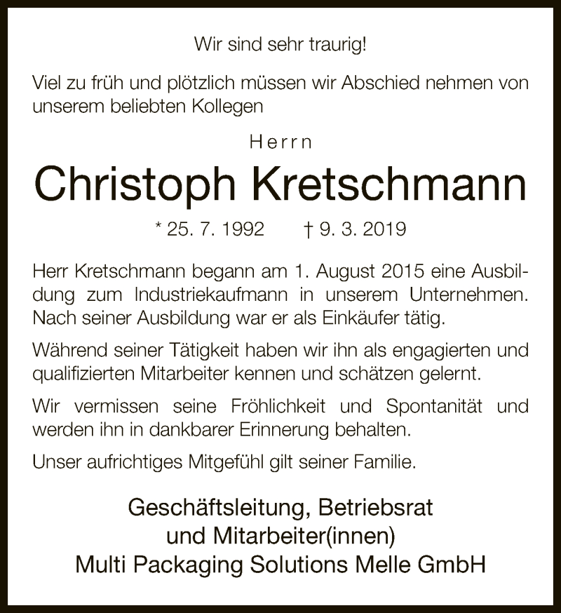  Traueranzeige für Christoph Kretschmann vom 14.03.2019 aus Neue Westfälische
