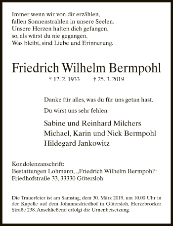 Traueranzeige von Friedrich Wilhelm Bermpohl