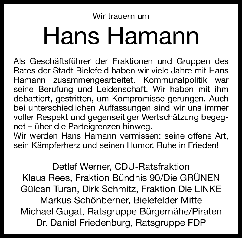  Traueranzeige für Hans Hamann vom 20.03.2019 aus Neue Westfälische
