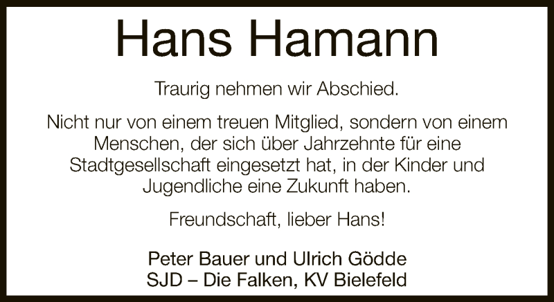  Traueranzeige für Hans Hamann vom 19.03.2019 aus Neue Westfälische